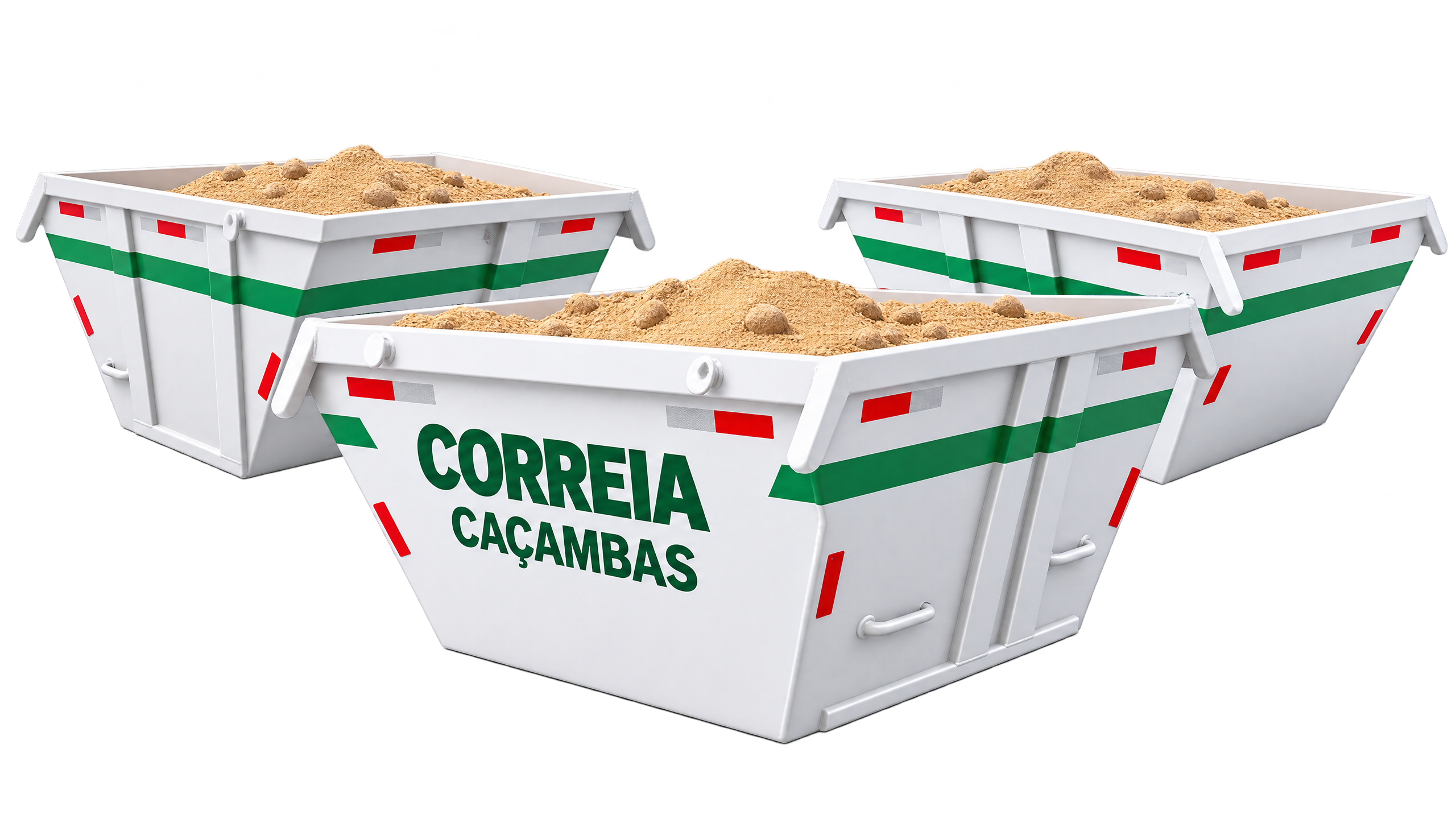 Caçambas reais da Correia Caçambas — brancas com letra verde